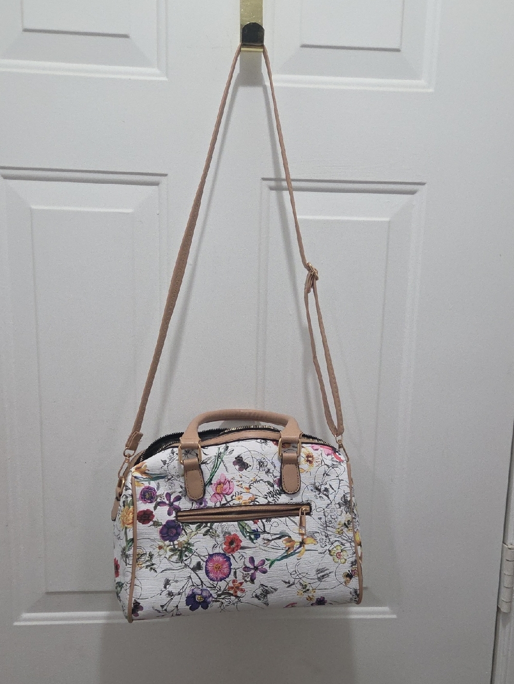 Floral Print Crossbody Satchel - White/Pink Floral with Beige Trim
